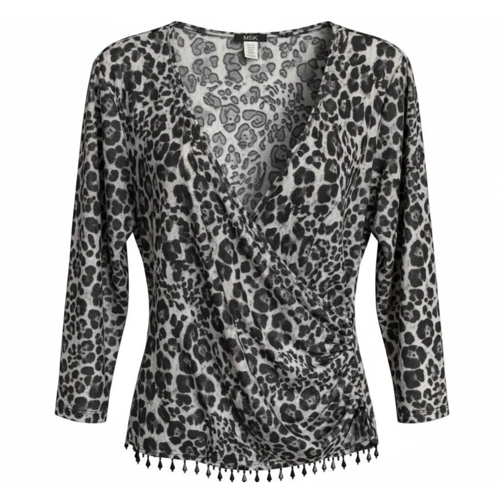 Vintage MSK Crossover Top Women's Black Animal Print Shimmery Beaded L